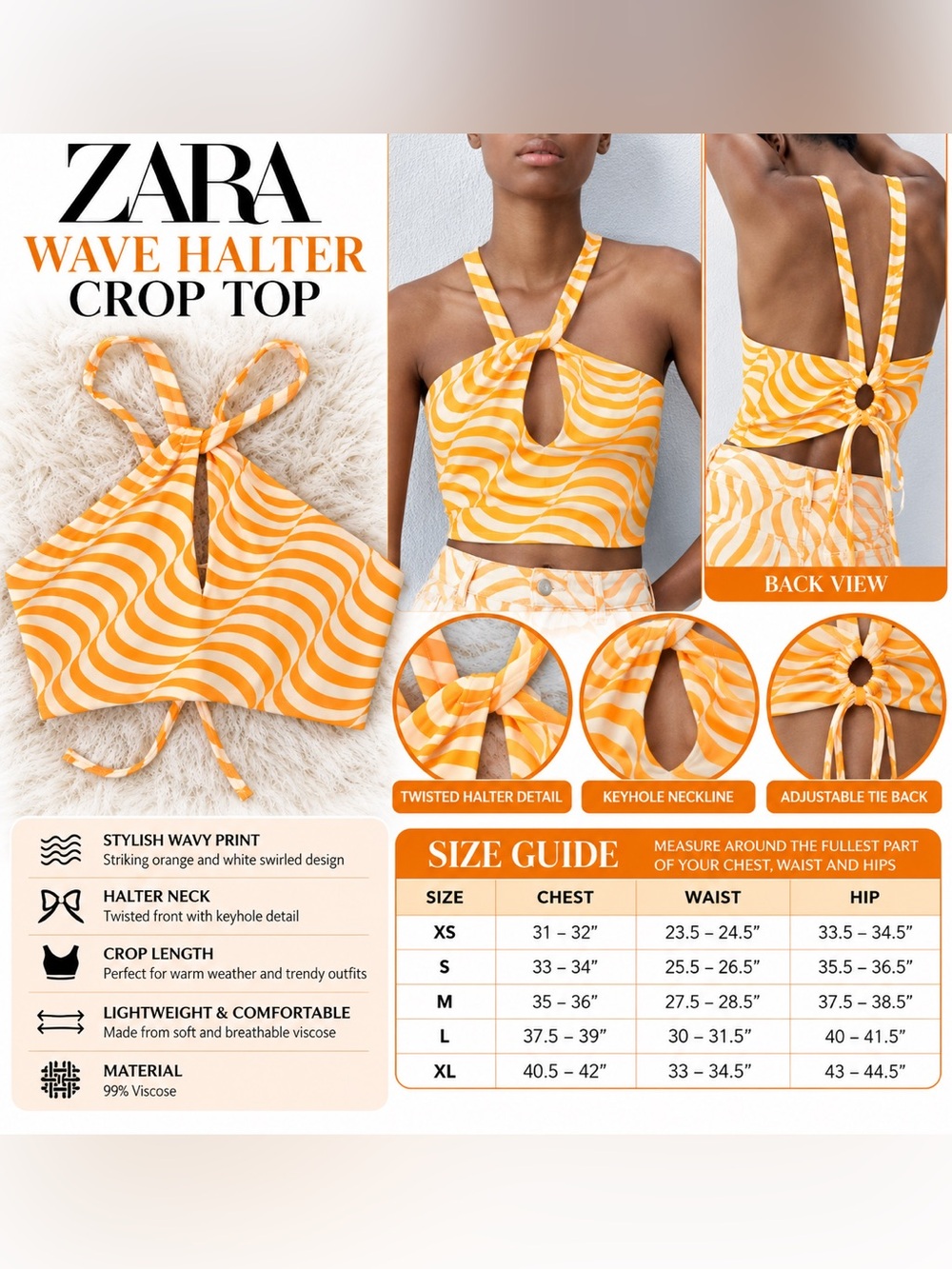 ZARA WAVE HALTER CROP TOP - ORANGE SIZE SMALL (NEW WITH TAGS) A16